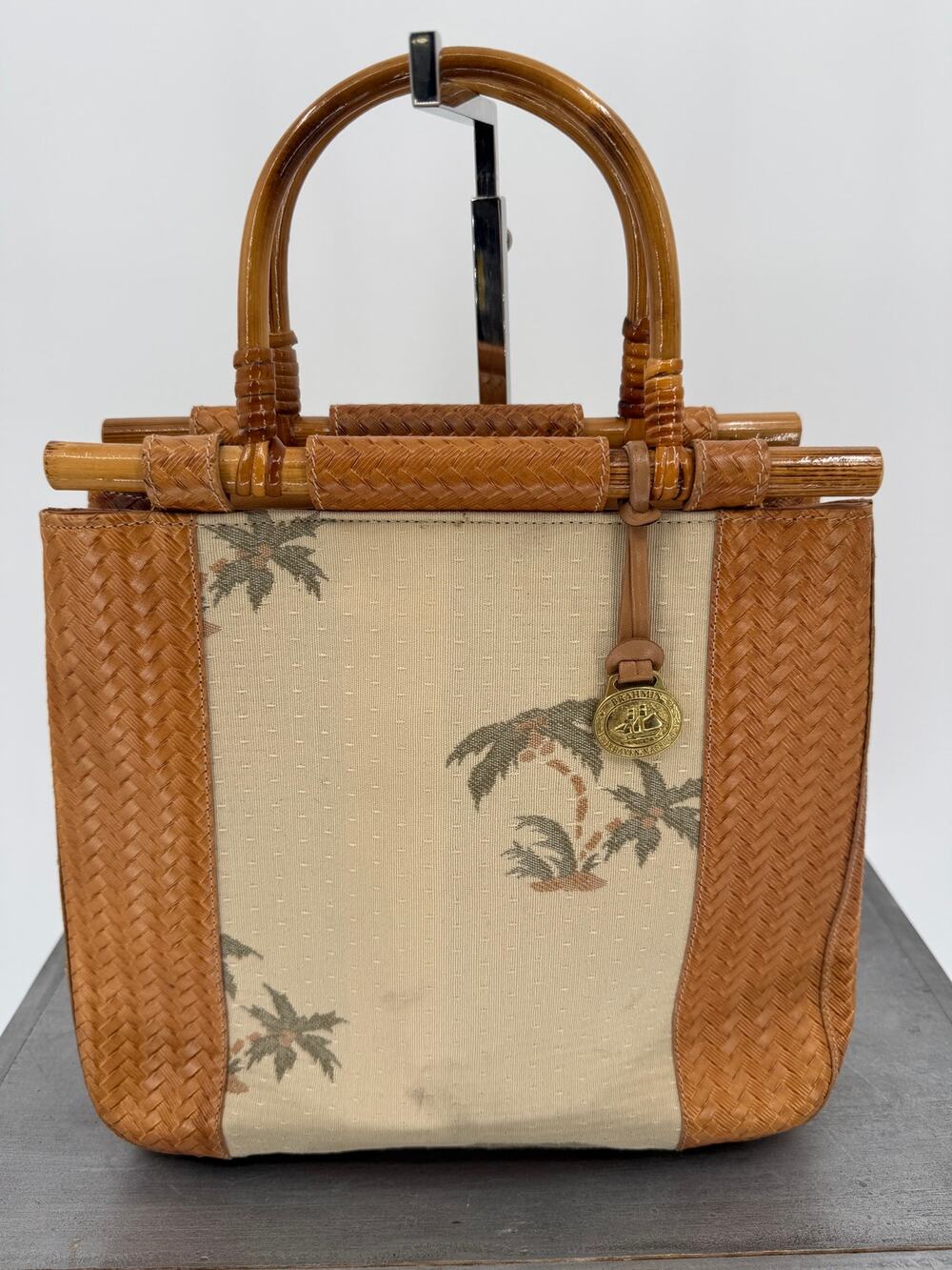Brahmin Fairhaven Tan Woven Leather Bamboo Handle Palm Tree Tote Handbag Coastal